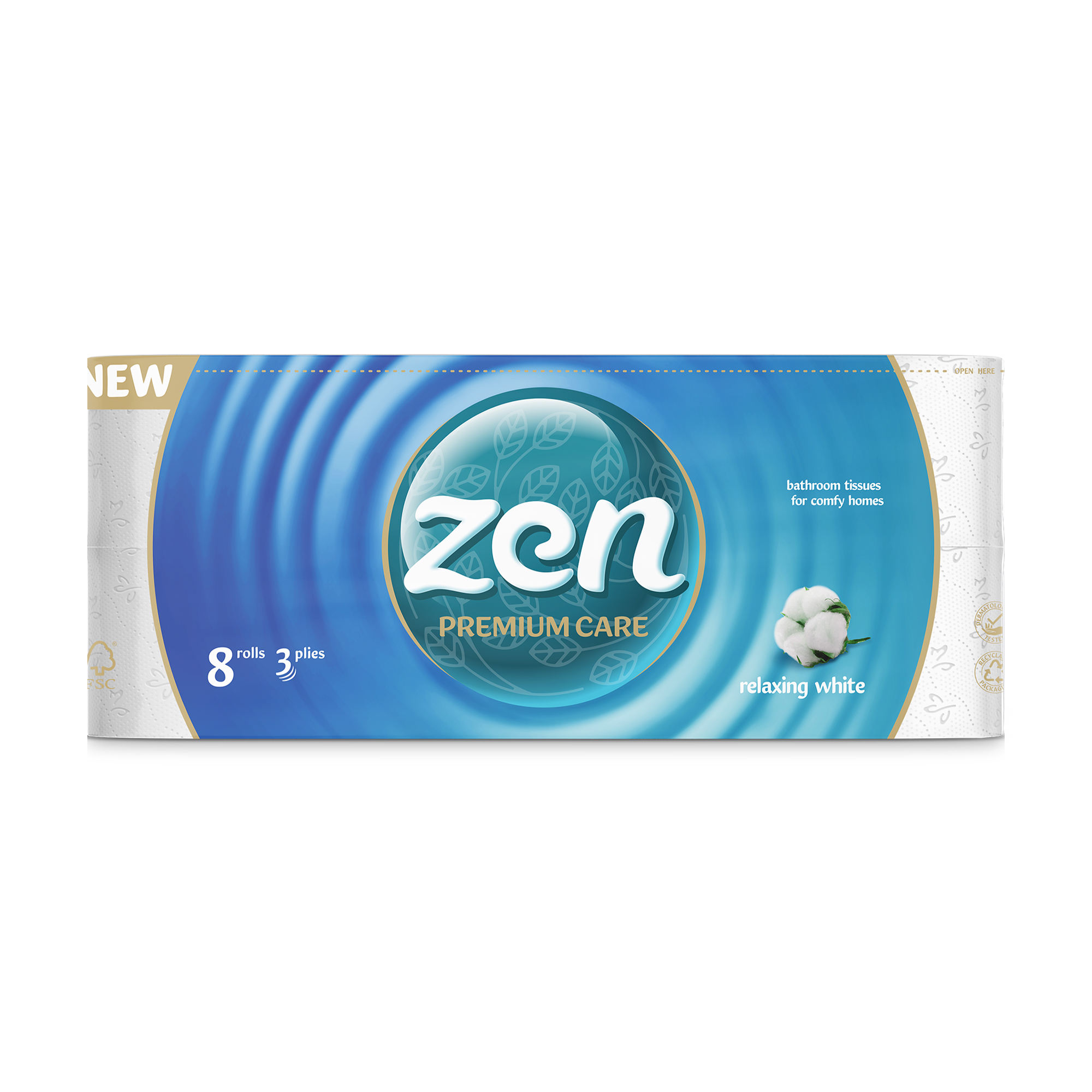 Туалетний папір Zen Premium Care, 3-шаровий, 145 відривів, 8 рулонів